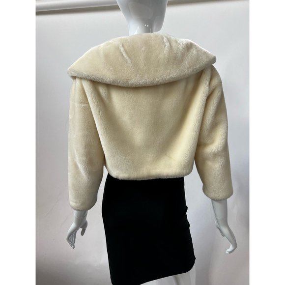 Vintage Neiman Marcus Womens Open Front Jacket Ivory Borgana Faux Fur Collar M - Picture 2 of 12